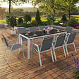 ID MARKET - Salon de jardin MADRID table 190 CM et 8 chaises empilables blanc et gris - vignette