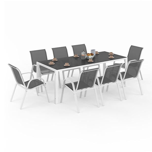 ID MARKET - Salon de jardin MADRID table 190 CM et 8 chaises empilables blanc et gris - large