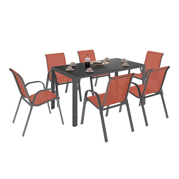 ID MARKET - Salon de jardin MADRID table 150 CM et 6 chaises empilables terracotta et gris - large