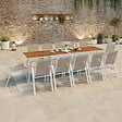 ID MARKET - Salon de jardin NOUMEA table extensible 135/270 CM plateau verre trempé effet bois et 12 chaises empilables blanc et bois - vignette