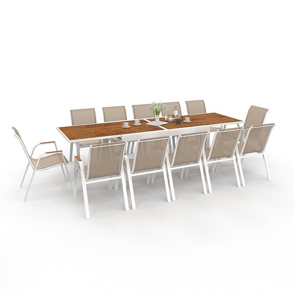 ID MARKET - Salon de jardin NOUMEA table extensible 135/270 CM plateau verre trempé effet bois et 12 chaises empilables blanc et bois - large