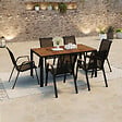 ID MARKET - Salon de jardin NOUMEA table 150 cm plateau verre trempé effet bois et 6 chaises empilables noir et bois - vignette