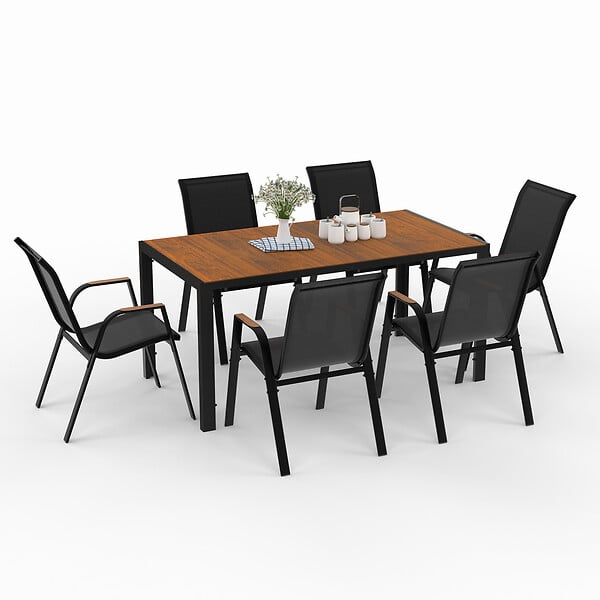 ID MARKET - Salon de jardin NOUMEA table 150 cm plateau verre trempé effet bois et 6 chaises empilables noir et bois - large