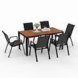ID MARKET - Salon de jardin NOUMEA table 150 cm plateau verre trempé effet bois et 6 chaises empilables noir et bois - vignette
