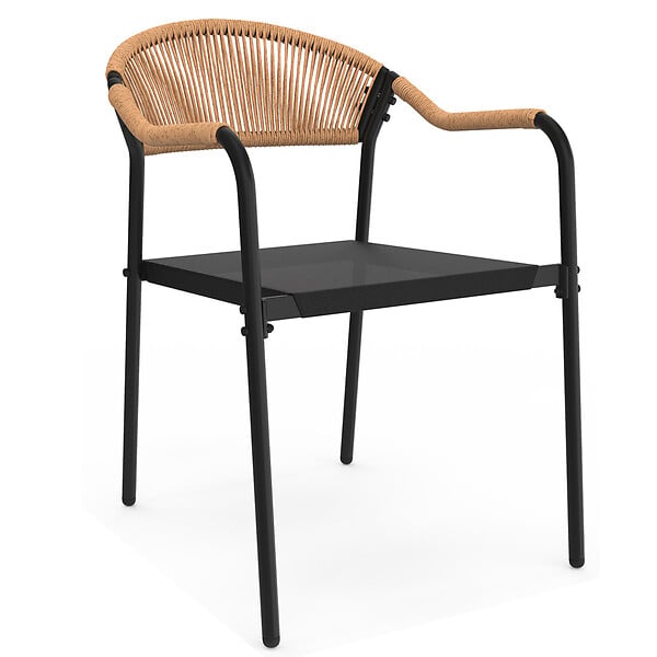 ID MARKET - Salon de jardin MADEIRA table 150 cm et 6 chaises cordage et textilène noir et rotin clair - large