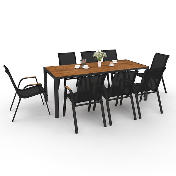ID MARKET - Salon de jardin NOUMEA table 190 cm plateau verre trempé effet bois et 8 chaises empilables noir et bois - large