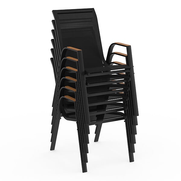 ID MARKET - Salon de jardin NOUMEA table 190 cm plateau verre trempé effet bois et 8 chaises empilables noir et bois - large