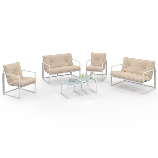 ID MARKET - Salon de jardin bas NAIROBI 6 places en acier blanc et coussins beiges - large