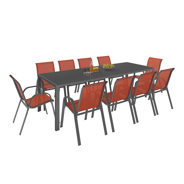 ID MARKET - Salon de jardin MADRID table 240 CM et 10 chaises empilables terracotta et gris - large