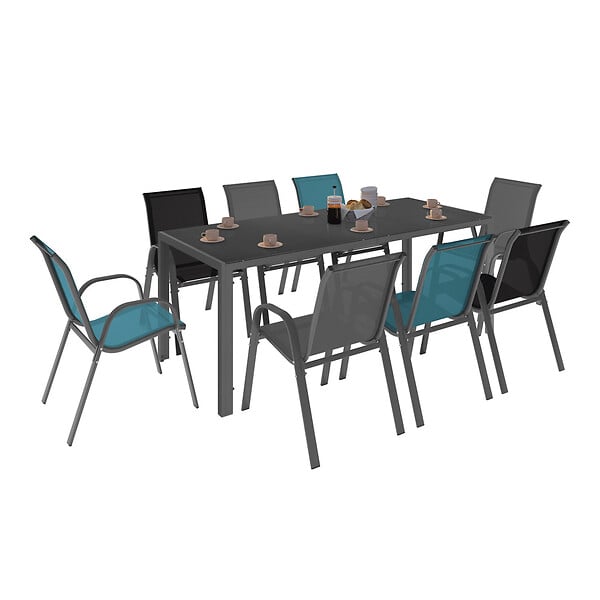 ID MARKET - Salon de jardin MADRID table 190 cm et 8 chaises empilables mix color bleu, gris et noir - large