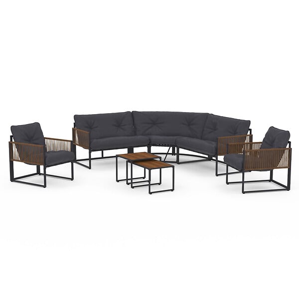 ID MARKET - Salon de jardin bas RIO 8 places salon d'angle structure métal gris anthracite, cordage effet rotin avec coussins gris - large