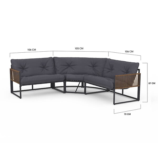 ID MARKET - Salon de jardin bas RIO 8 places salon d'angle structure métal gris anthracite, cordage effet rotin avec coussins gris - large