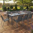 ID MARKET - Salon de jardin MADRID table 190 CM et 8 chaises empilables gris anthracite plateau transparent - vignette