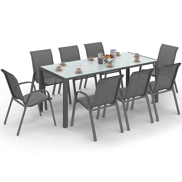ID MARKET - Salon de jardin MADRID table 190 CM et 8 chaises empilables gris anthracite plateau transparent - large