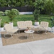 ID MARKET - Salon de jardin bas ARONA 4 places en acier blanc et coussins beiges avec canapé, fauteuils et table - vignette