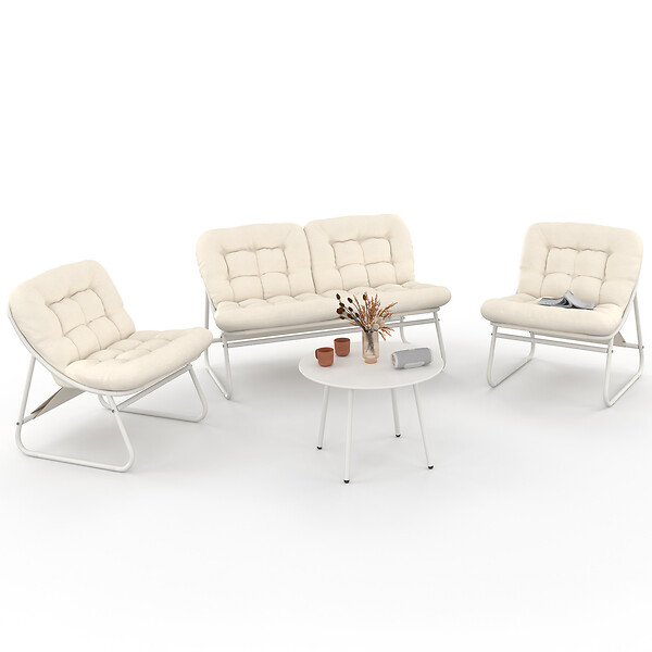 ID MARKET - Salon de jardin bas ARONA 4 places en acier blanc et coussins beiges avec canapé, fauteuils et table - large