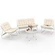 ID MARKET - Salon de jardin bas ARONA 4 places en acier blanc et coussins beiges avec canapé, fauteuils et table - vignette