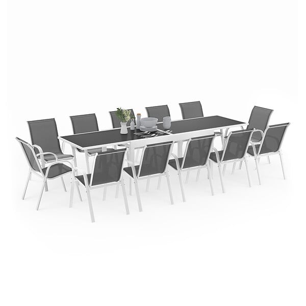 ID MARKET - Salon de jardin MADRID table extensible 135-270 CM et 12 chaises empilables blanc et gris - large