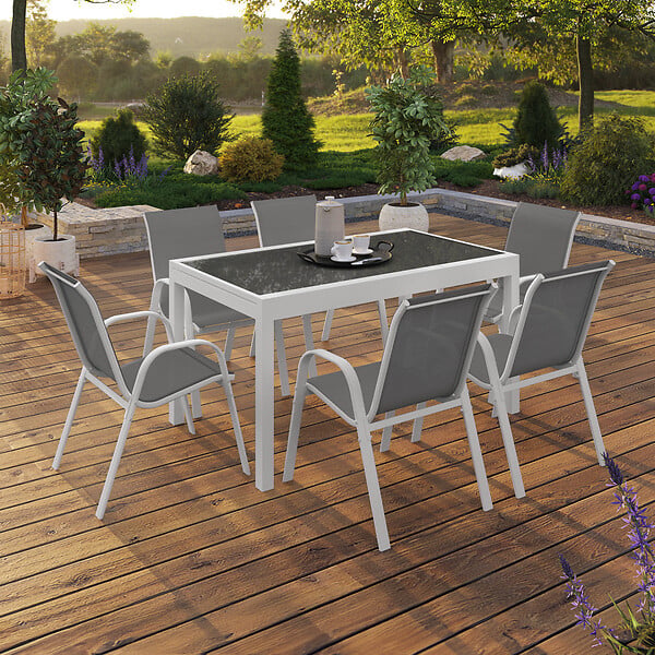 ID MARKET - Salon de jardin MADRID table extensible 135-270 CM et 12 chaises empilables blanc et gris - large