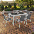 ID MARKET - Salon de jardin MADRID table extensible 135-270 CM et 12 chaises empilables blanc et gris - vignette
