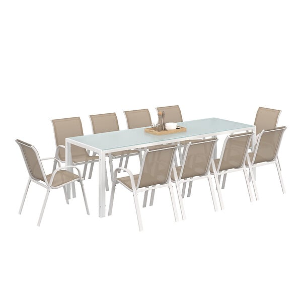 ID MARKET - Salon de jardin MADRID table 240 CM et 10 chaises empilables blanc et beige - large
