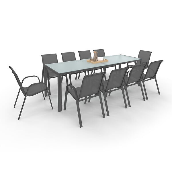 ID MARKET - Salon de jardin MADRID table 240 CM et 10 chaises empilables gris anthracite plateau clair - large