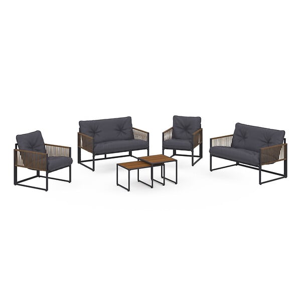 ID MARKET - Salon de jardin bas RIO 6 places structure métal gris anthracite, cordage effet rotin avec coussins gris - large