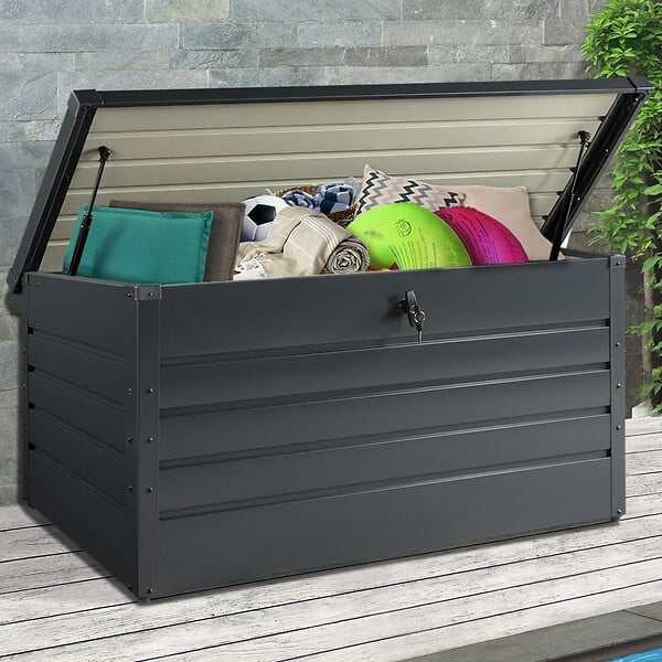ID MARKET - Coffre de rangement métal verrouillable gris anthracite pour jardin 810L - large