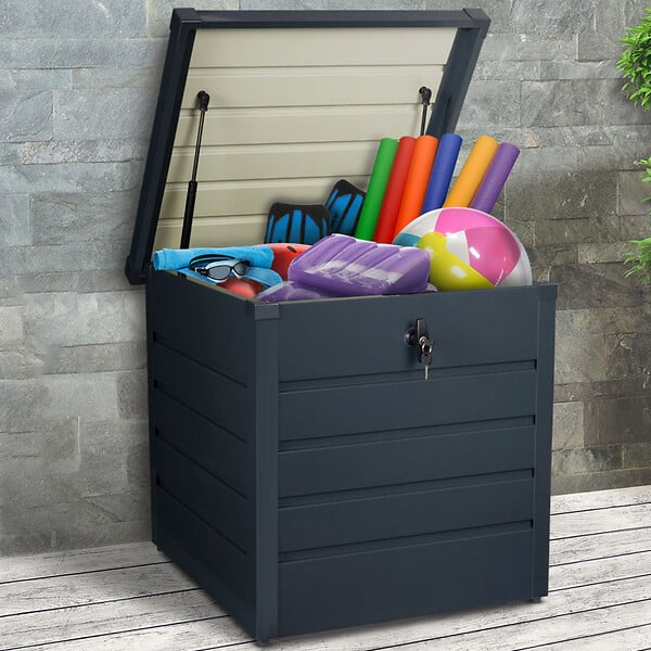 ID MARKET - Coffre de rangement métal verrouillable gris anthracite pour jardin 200L 68x62,5x63 cm - large