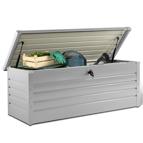 ID MARKET - Coffre de rangement métal verrouillable gris clair pour jardin 600L 165x70x63 cm - large