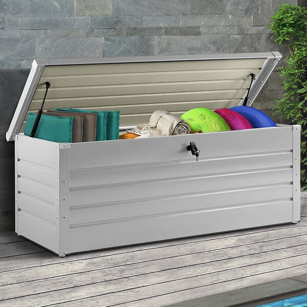 ID MARKET - Coffre de rangement métal verrouillable gris clair pour jardin 600L 165x70x63 cm - large
