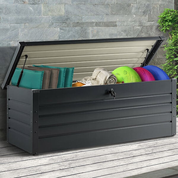 ID MARKET - Coffre de rangement métal verrouillable gris anthracite pour jardin 600L 165x70x63 cm - large