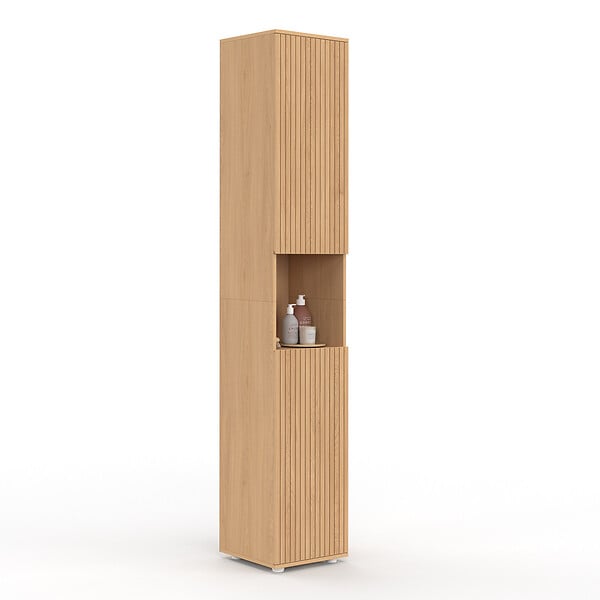 ID MARKET - Meuble colonne salle de bain VICTOR 2 portes 1 niche effet lattes - large