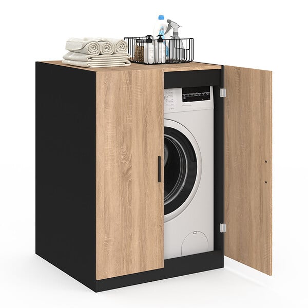 ID MARKET - Meuble pour machine à laver avec portes WALLIS noir et bois façon hêtre - large