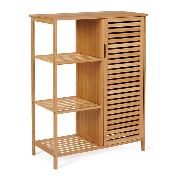 ID MARKET - Meuble de rangement salle de bain bambou BEA 3 étagères avec placard - large