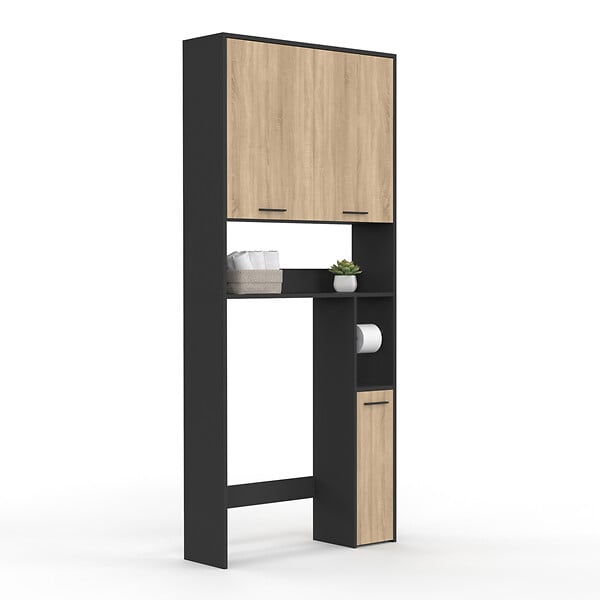 ID MARKET - Meuble étagère dessus WC WALLIS noir et bois façon hêtre - large