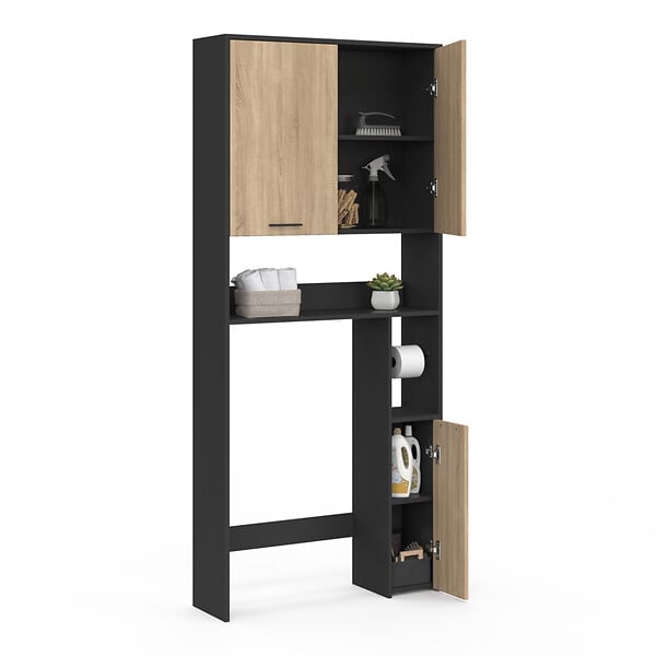 ID MARKET - Meuble étagère dessus WC WALLIS noir et bois façon hêtre - large