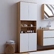 ID MARKET - Meuble armoire colonne salle de bain TOMI 4 portes 2 niches façon hêtre et blanc - vignette