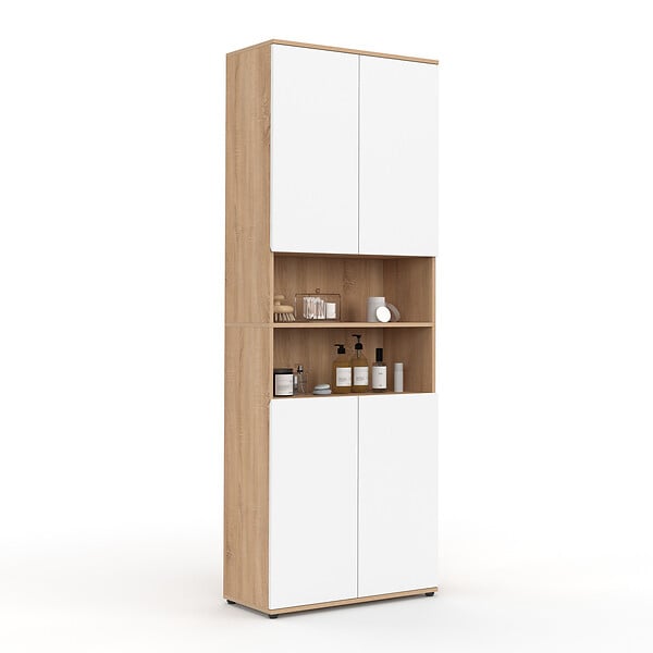 ID MARKET - Meuble armoire colonne salle de bain TOMI 4 portes 2 niches façon hêtre et blanc - large