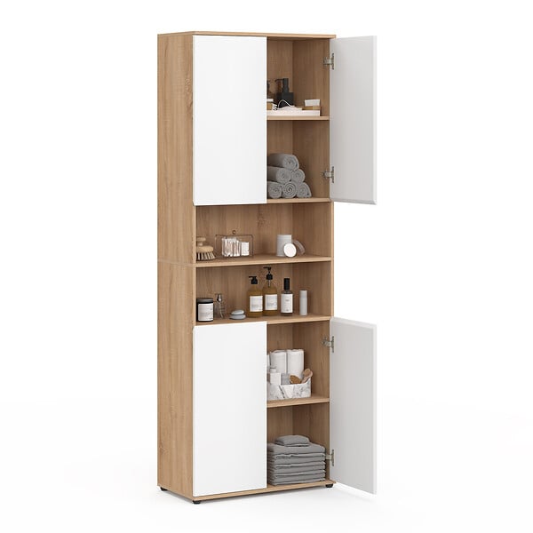 ID MARKET - Meuble armoire colonne salle de bain TOMI 4 portes 2 niches façon hêtre et blanc - large