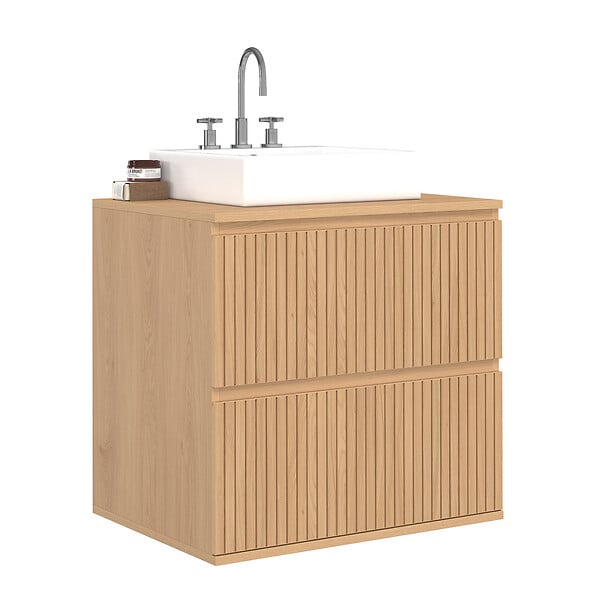 ID MARKET - Meuble sous vasque suspendu salle de bain VICTOR 2 tiroirs effet lattes - large