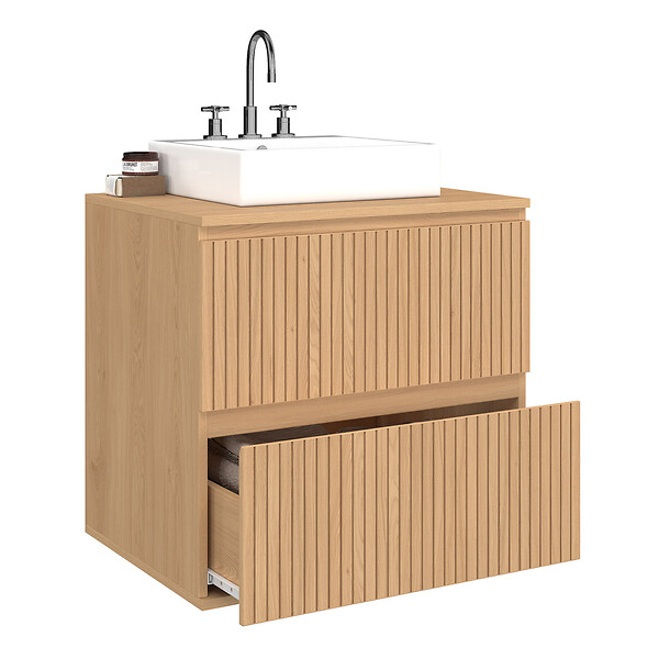 ID MARKET - Meuble sous vasque suspendu salle de bain VICTOR 2 tiroirs effet lattes - large