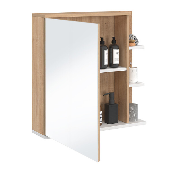 ID MARKET - Meuble de rangement suspendu avec miroir et étagères pour salle de bain TOMI façon hêtre et blanc - large