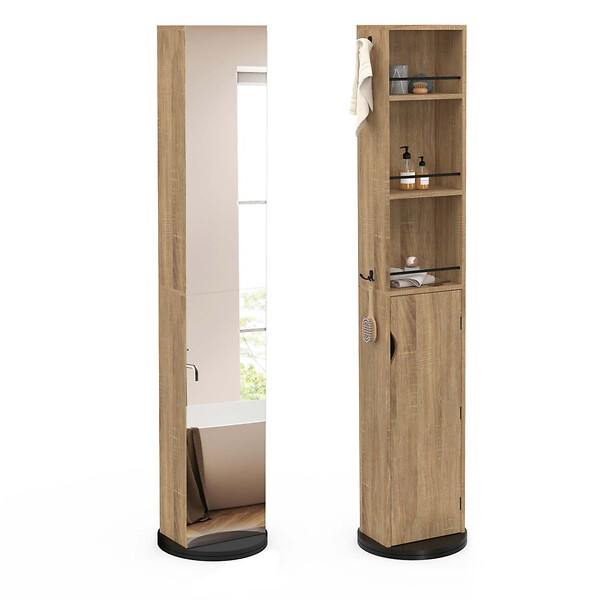 ID MARKET - Meuble colonne pivotante de salle de bain avec miroir, placard et étagères hêtre et noir ELIA - large