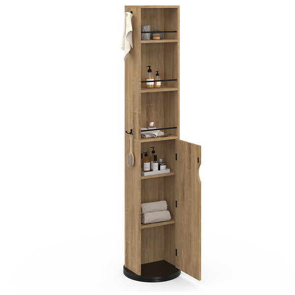 ID MARKET - Meuble colonne pivotante de salle de bain avec miroir, placard et étagères hêtre et noir ELIA - large