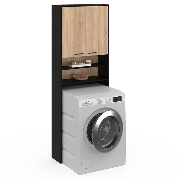 ID MARKET - Meuble étagères de rangement dessus machine à laver et WC WALLIS noir et bois façon hêtre - large
