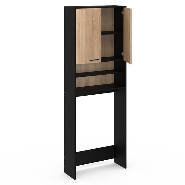 ID MARKET - Meuble étagères de rangement dessus machine à laver et WC WALLIS noir et bois façon hêtre - large