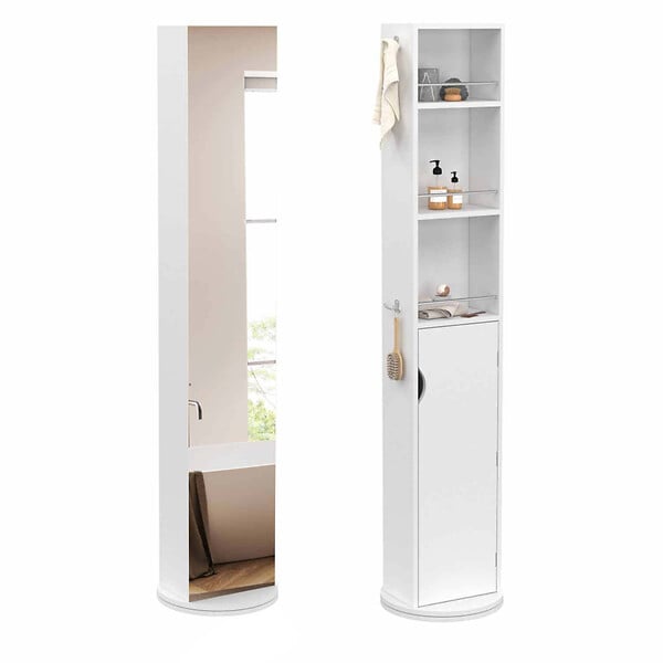 ID MARKET - Meuble colonne pivotante de salle de bain avec miroir, placard et étagères blanc ELIA - large