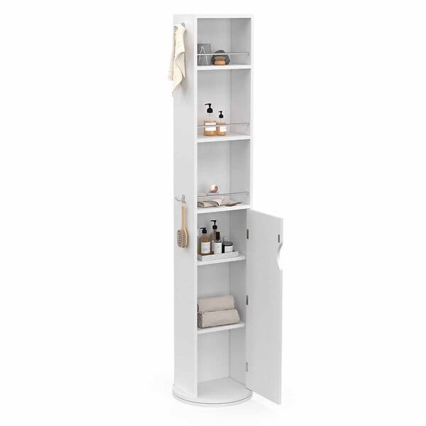 ID MARKET - Meuble colonne pivotante de salle de bain avec miroir, placard et étagères blanc ELIA - large