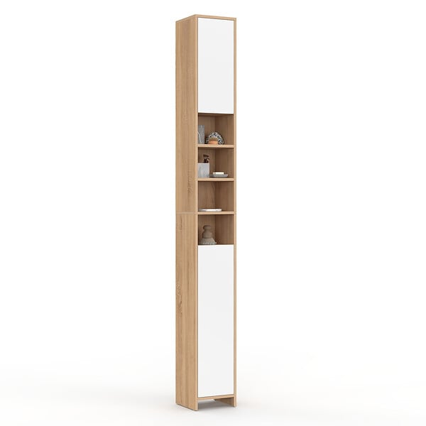 ID MARKET - Meuble colonne salle de bain TOMI 2 portes 4 niches façon hêtre et blanc - large